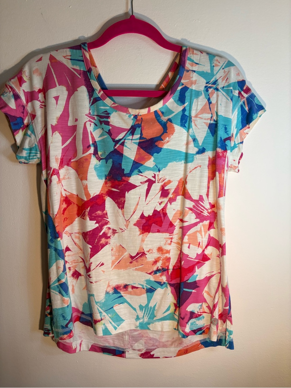 T by Talbots Floral Abstract Print Top Medium Colorful Cross Back Short Sleeve